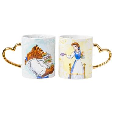 Imagem de Silver Buffalo Conjunto de canecas de cerâmica com alça dourada em forma de coração da Princesa A Bela e a Fera da Disney Don't Mind the Books, 400 ml