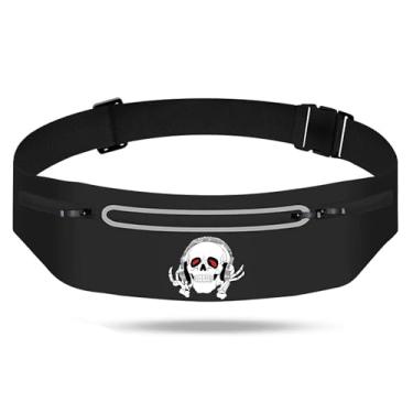 Imagem de Cintos de corrida de caveira musical para mulheres e homens, pochete de cintura de corredor, suporte de telefone refletivo à prova d'água, cinto fitness esqueleto de rock legal com 3 bolsos com zíper