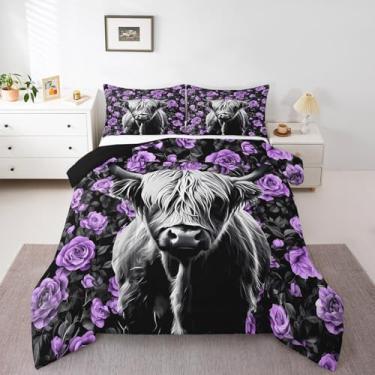 Imagem de Erosebridal Conjunto de edredom solteiro de vaca Highland, roxo e preto, rosa, para crianças, meninas, Western Longhorn Touro, decoração de quarto floral rústico, 1 fronha