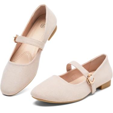 Imagem de Waluzs Sapatilhas Mary Jane Sapatilhas femininas de camurça cravejada preta sem salto para mulheres confortáveis para escritório sem salto com tira no tornozelo, Bege, 34