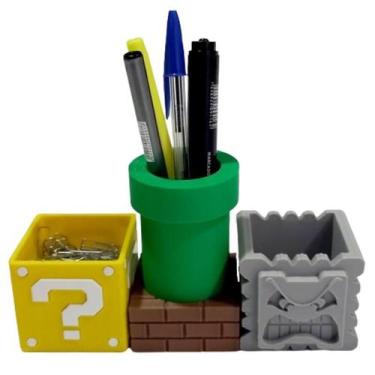 Imagem de Porta Objetos Kit Super Mario Cano Bloco Pedra Escritorio - Super 3D