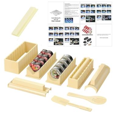 Imagem de Conjunto de máquina de sushi, kit de 10 peças para fazer seu próprio sushi com moldes de rolo de arroz (bege)