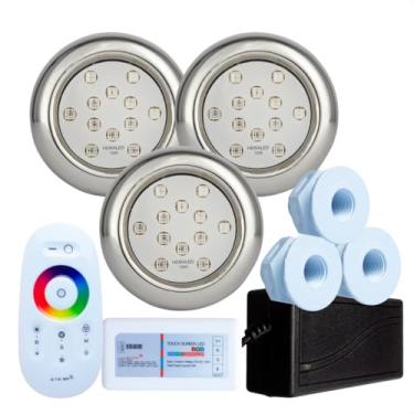 Imagem de Kit Iluminação Piscina Hidraled, 3 Refletores LED RGB Inox 18W, 3 Nichos para piscina de Fibra, Controle Remoto Touch
