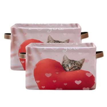 Imagem de Wassud Caixa de armazenamento de lona de gato com corações com alças, cestas organizadoras dobráveis para armário, banheiro e decoração de casa, pacote com 2