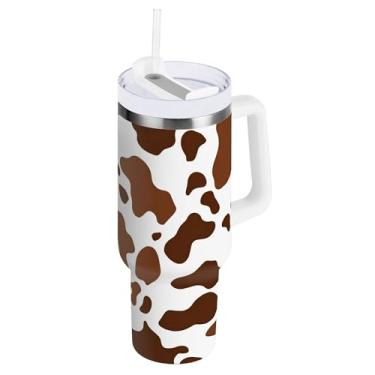 Imagem de SEHANY Copo de vaca marrom e branco de 850 g com alça, copo isolado de aço inoxidável a vácuo de parede dupla, à prova de vazamento, caneca de café isolada para viagem cabe no suporte de copo de carro