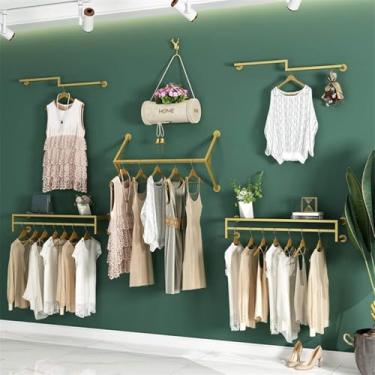 Imagem de Cabide De Roupas Montada Na Parede Conjunto De Rack De Roupas De Ferro, Barra De Suspensão De Roupas De Tubo Industrial, Racks De Roupas De Exibição Criativa Dourada, Rack, 6pcs-b, 240CM