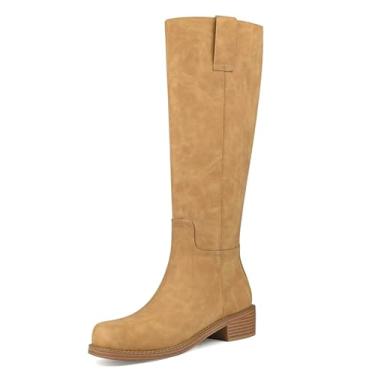 Imagem de Botas de equitação femininas cano alto salto baixo com zíper lateral outono inverno couro sintético botas de equitação longas, Banana, 39