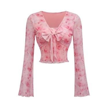 Imagem de Camiseta Feminina Y2K Floral Com Decote Em V, Manga Flare Com Renda E 