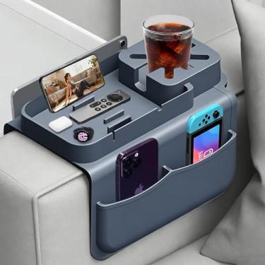Imagem de LEBREARY Suporte de copo de sofá de silicone para tablet e telefone, organizador de bandeja de braço de sofá com dois bolsos laterais para controles remotos, lanches, fones de ouvido e copos, bebidas