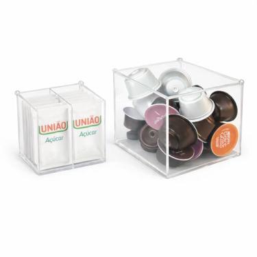 Imagem de Kit Organizador Porta Cápsulas de Café e Porta Sachês com Tampa, Acrílico Cristal 3mm Transparente, 2 Peças (13cm e 10cm)