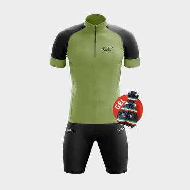 Imagem de Conjunto de Ciclismo Masculino Camisa Verde Militar Way Fresh Bolso Traseiro Bermuda Gel-Masculino