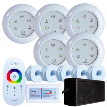 Imagem de Kit 5 Refletores Led 9w RGB ABS e Comando Iluminação Para Piscina Fibr