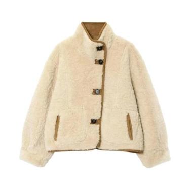 Imagem de Casaco Feminino De Veludo De Cordeiro Dupla Face Com Gola Alta E Botõe