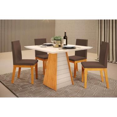 Imagem de Conjunto: Mesa de Cozinha Fler c/ Tampo Madeirado c/ Vidro 90x90cm e 4 Cadeiras Suzy Cedro/Off White - Suede Moca - DJ Móveis