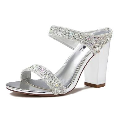Imagem de FTNAMORI Sandália feminina de salto alto grosso com strass brilhante com duas tiras de salto alto sem cadarço, vestido sexy, formatura, casamento, Prata, 35