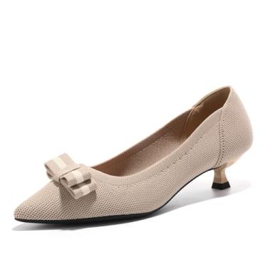 Imagem de ZYXWVU Sapato social feminino com salto gatinho, bico fino, de malha com laço, sem cadarço, Damasco, 37