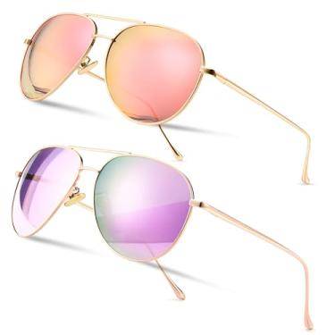 Imagem de SUNGAIT Óculos de sol aviador femininos leves e grandes - lentes polarizadas estilo clássico, Pacote com 2 (Polarizado): Rosa Dourado/Rosa Espelhado + Roxo Espelhado, Medium