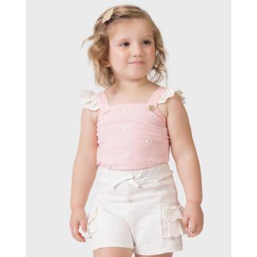 Imagem de Blusa laços shorts bordado conjunto infantil leve verão - Rosa e Amarelo - Menina 1 a 4 anos-Feminino