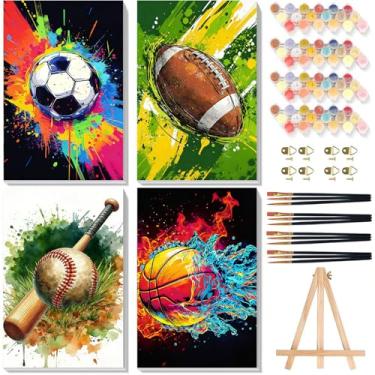 Imagem de Pacote com 4 tintas por números para iniciantes com tela emoldurada - com cavalete de madeira, pintura esportiva de bola por número, kits de pintura a óleo acrílica de desenho fácil em tela com