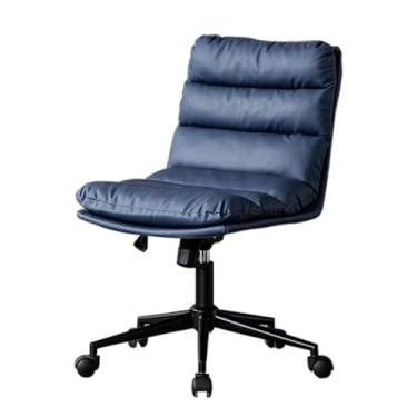 Imagem de Cadeira de escritório ergonômica giratória sem braços de couro azul com rodas – Cadeira estofada de altura ajustável para trabalho confortável no computador