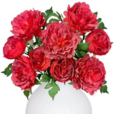 Imagem de LA.PONEE Flores artificiais de peônias vermelhas premium, flores de peônia de seda falsa com hastes, flores falsas para buquês de noiva de casamento, arranjos florais, centros de mesa, decorações de