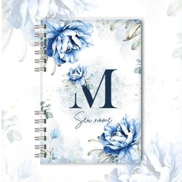 Imagem de Caderno A5 floral azul capa dura personalizado com inicial e nome, caderneta para anotações, caderno de anotações pautado ou sem pauta para estudo, organização e uso diário (M)