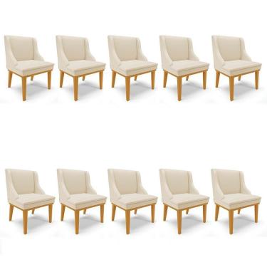 Imagem de Kit 10 Cadeiras Estofadas Sala De Jantar Base Fixa De Madeira Castanho Lia Sintético Bege - Ibiza