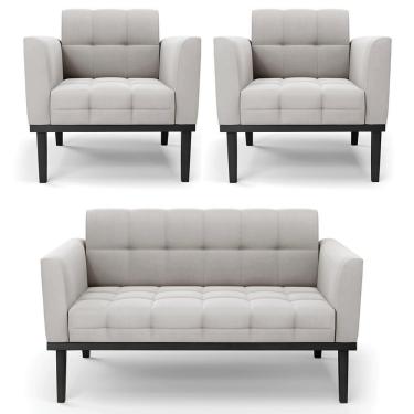 Imagem de Sofá Namoradeira E 2 Poltronas Base Madeira Preto Ana Veludo Cinza - Ibiza