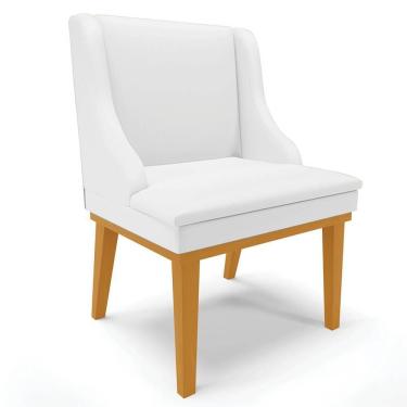 Imagem de Cadeira Estofada Para Sala De Jantar Base Fixa De Madeira Castanho Lia Sintético Branco - Ibiza