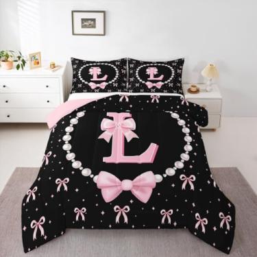 Imagem de Erosebridal Jogo de cama queen com laço rosa fofo para meninas - Conjunto de edredom com monograma com inicial G, laço rosa e preto, decoração de quarto com gravata borboleta e 2 fronhas