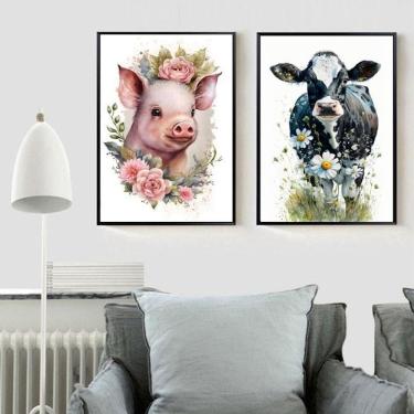 Imagem de Kit 2 Quadros Vaquinha E Porquinho Floral 45X34Cm - Vidro