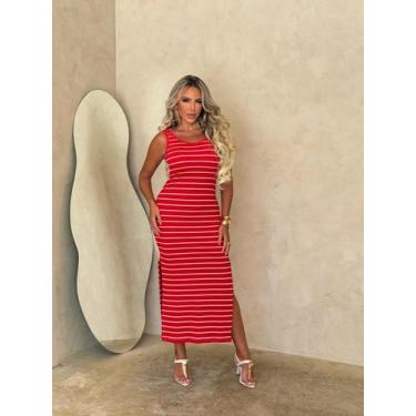 Imagem de Vestido Longo Regata Listra Navy Fenda Lateral Cor:VermelhoTamanho:M -