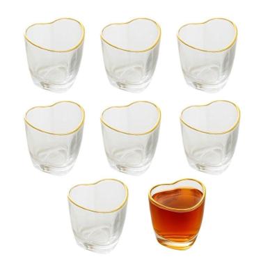 Imagem de Jogo 8 Copo Para Shot De Vidro Dose Degustação Coração Com Borda Dourada 50ml Lyor