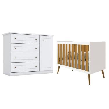 Imagem de Berço Americano Isis Branco Acetinado Savana - Reller e Cômoda Infantil Americano Branco HP - Henn