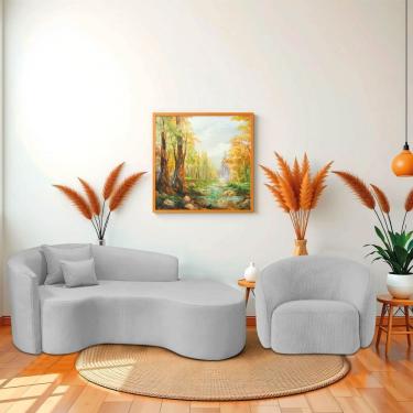 Imagem de Kit Recamier Curvo Sala De Estar Inglaterra 180cm Lado Direito E Poltrona Orgânica Luxo Amore Linho Cinza Claro