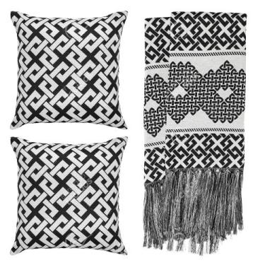 Imagem de Kit 1 manta Rústica e 2 Capas de Almofada para Sofá Celta Preto e Bran