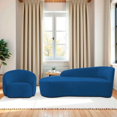 Imagem de Kit Divã Recamier Orgânico França 160cm Lado Esquerdo E Poltrona Amore Linho Azul Royal