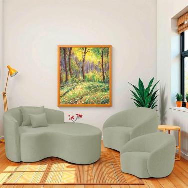 Imagem de Kit Recamier Curvo Sala De Estar 150cm Lado Direito E 2 Poltronas Orgânica Amore Bouclé Verde Oliva