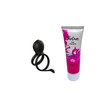 Imagem de Kit Anel Peniano Duplo com Estimulador Clitoriano + Lubrificante Fun Chiclete em Silicone e ABS com Vibrador Potente
