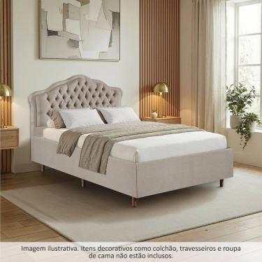 Imagem de Kit Cama Box Casal + Cabeceira Estofada com Botonê Bridgerton Espresso Móveis Linho Bege