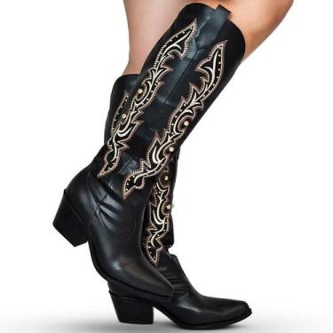 Imagem de Bota Texana Country Cano Longo Bordada Premium Com Zíper Cor:PretoTama