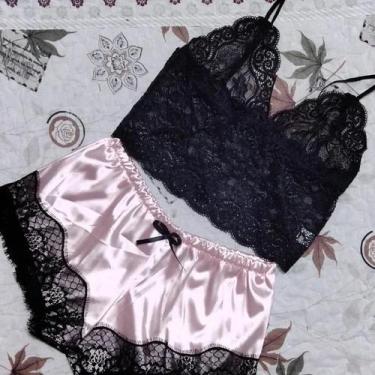 Imagem de Conjunto De Pijamas Sexy De Renda E Seda Para Mulheres, Top Cropped E 