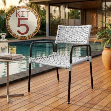 Imagem de Conjunto 5 Poltronas Porã Em Junco Sintético Aço Preto Para área Jardim Piscina Varanda...