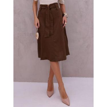 Imagem de Saia Midi de Linho com Modelagem Evasê e Bolsos Estilosos - Genérica, 