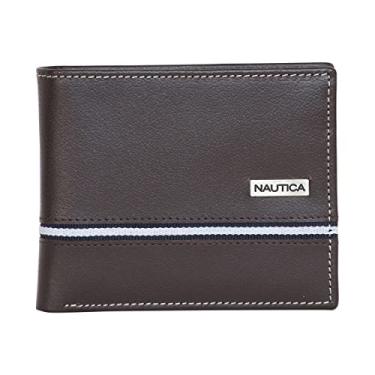 Imagem de Nautica Carteira masculina clássica de couro dobrável RFID (disponível em grãos lisos ou seixos), Fita com logotipo - marrom, tamanho nico