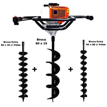 Imagem de KIT Perfurador de Solo Vulcan VPS520-S 2T 52CC 2,5HP com Broca 80x15cm + Broca Extras Kawashima 80x6cm e 80x30cm Duplo Espiral e Lâmina de Videa