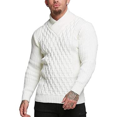 Imagem de Dawwoti Suéter masculino gola xale pulôver cor sólida torcido tricô jumpers casual ajuste regular, Branco, M