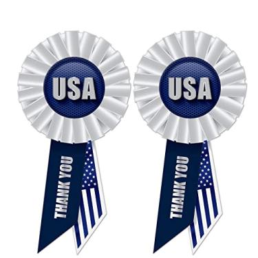 Imagem de Beistle 2 peças de fitas roseta da bandeira americana dos EUA para decorações patrióticas de 4 de julho, artigos e lembranças de festa do dia da independência, 16,5 x 8,2 cm, azul/branco