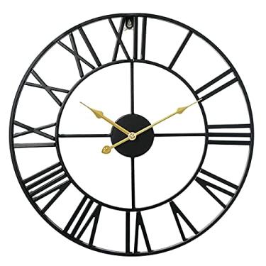Imagem de Relógio de bloco estilo europeu simples sala de estar retrô ouro preto ponteiro ferro forjado mudo relógio de parede digital decoração