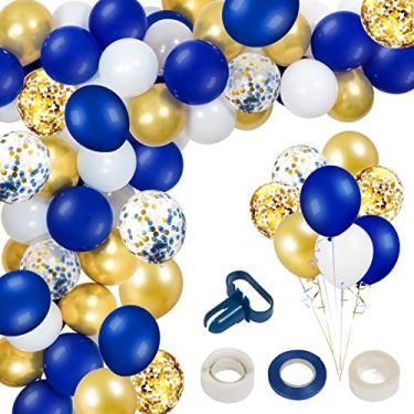 Imagem de Decoração de formatura 2022 Kit de arco de balão de formatura azul e dourado, 120 pçs balões de formatura 2022 para suprimentos de decoração de festa de formatura azul e dourado 2022
